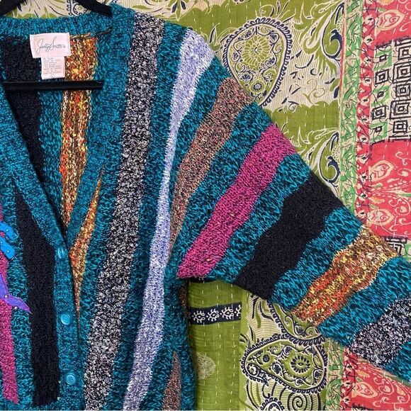 Unique Vintage Jaclyn Smith Embroidered Patchwork Teal Sweater Size Large - Picture 4 of 12